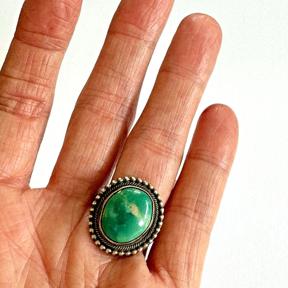 Navajo Sonoran Gold Turquoise Ring Sz 9 Sterling Signed SM Martinez Native Amer - Picture 2 of 9